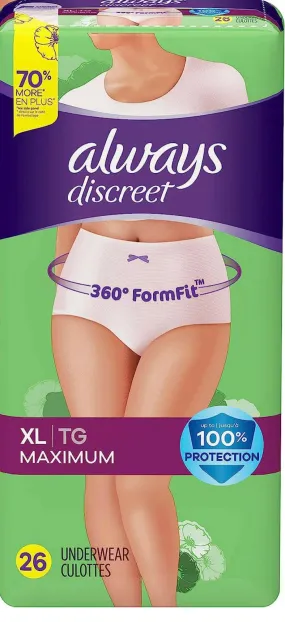 Always Discreet Adult Incontinence & Postpartum Incontinence Underwear for Women, X-Large, Maximum Protection, Disposable 26 Count