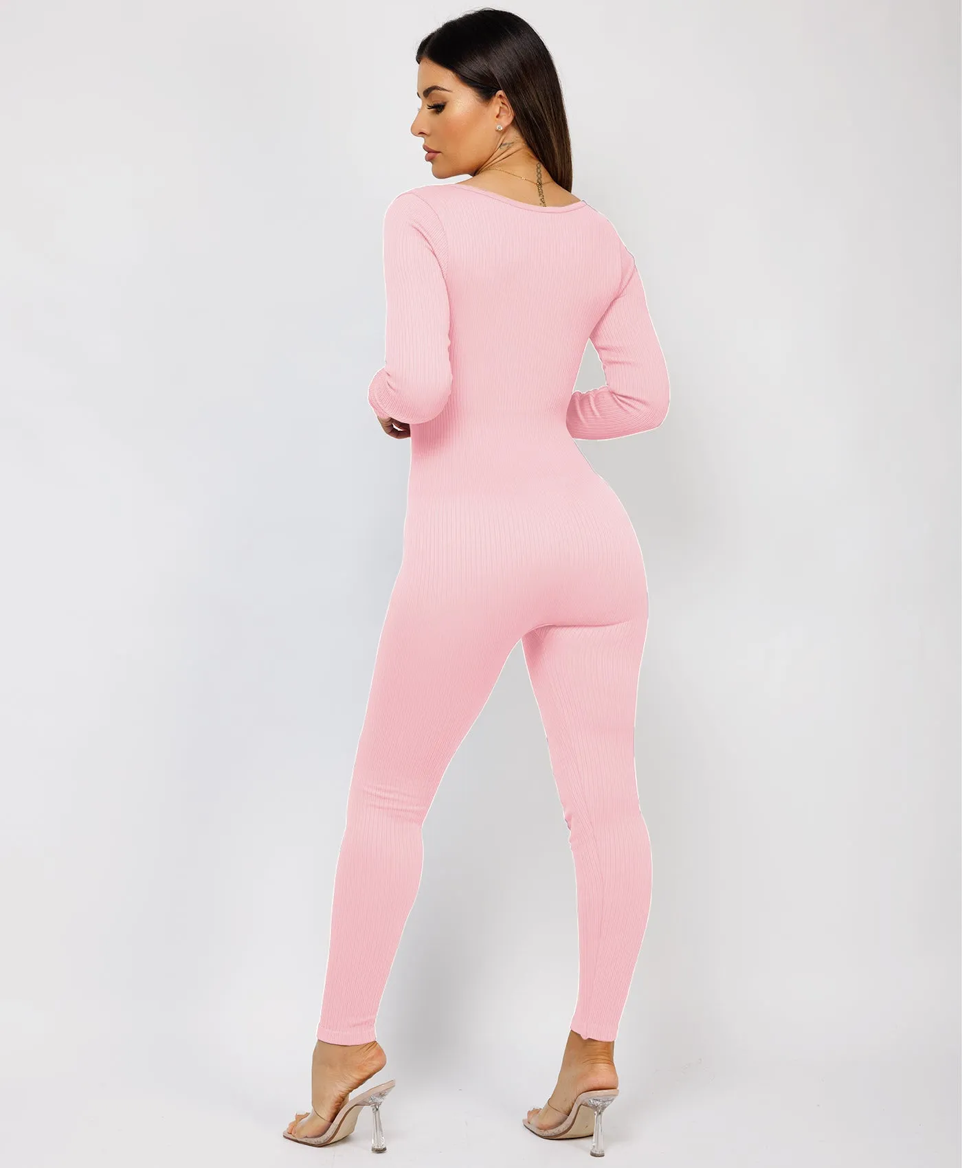 Baby Pink Elastic Ribbed Round Neck Jumpsuit