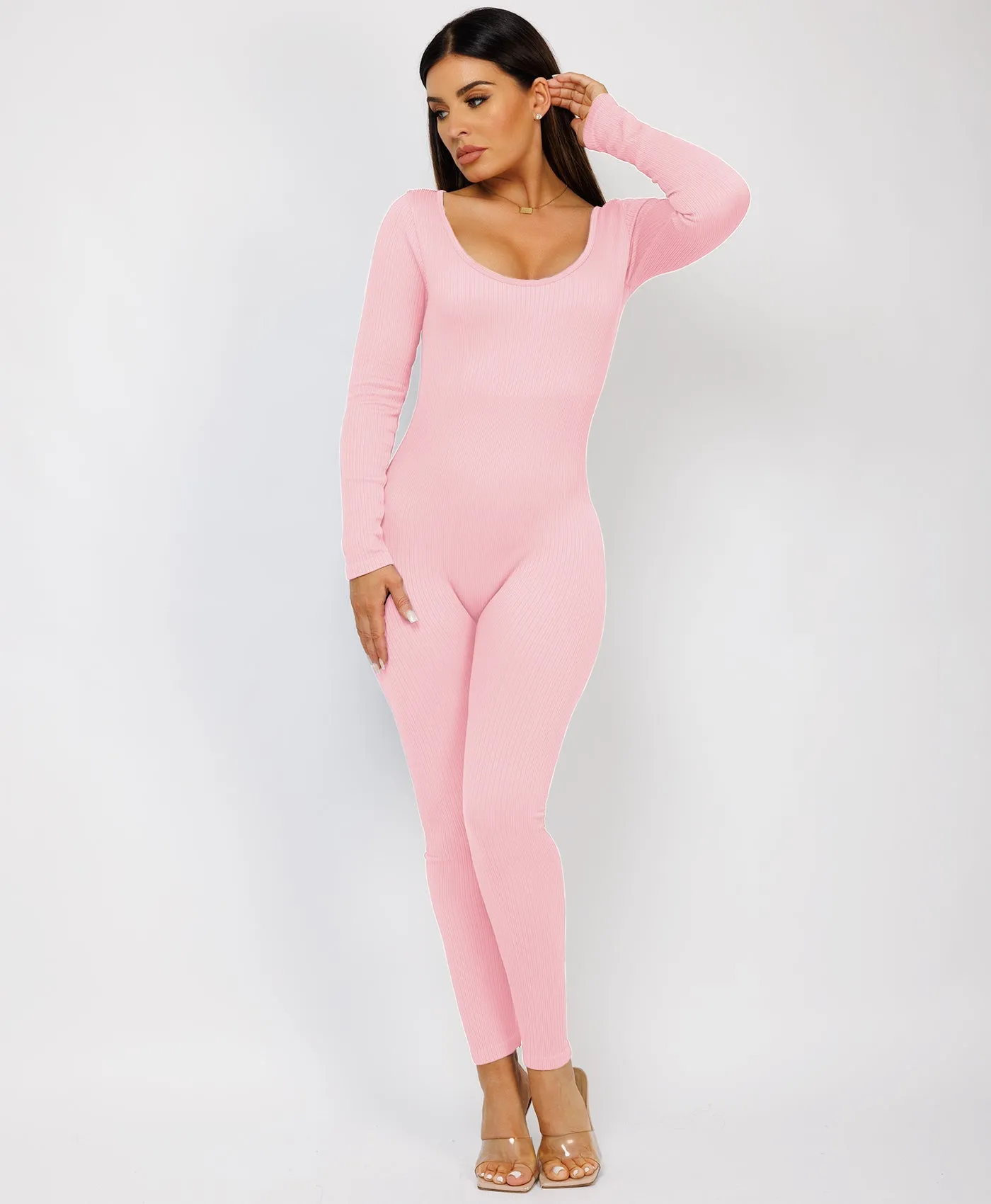 Baby Pink Elastic Ribbed Round Neck Jumpsuit