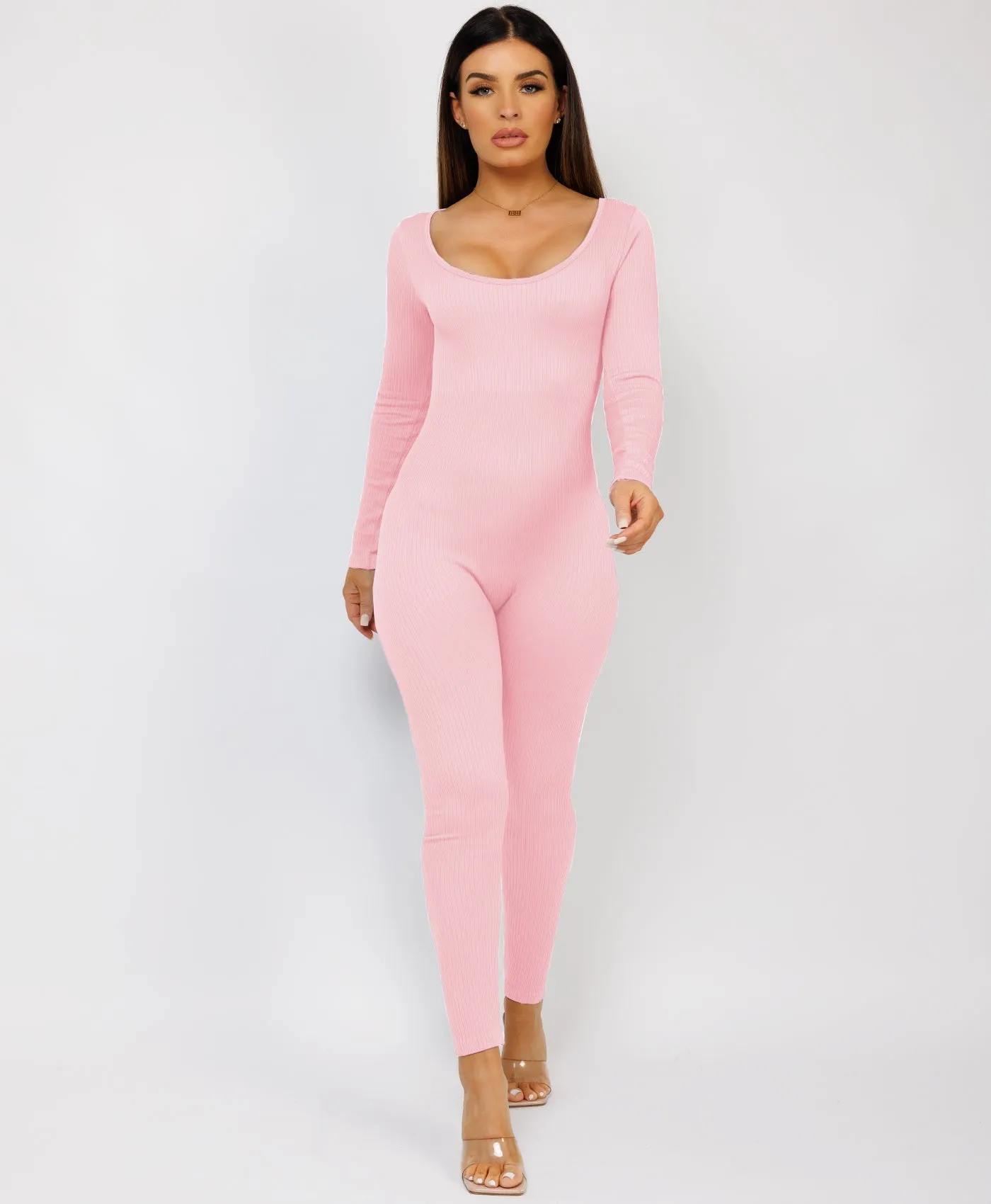 Baby Pink Elastic Ribbed Round Neck Jumpsuit