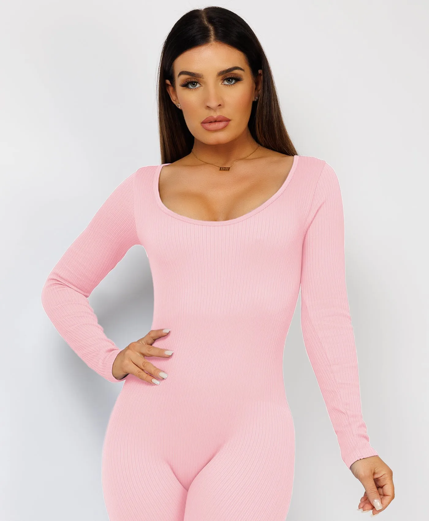 Baby Pink Elastic Ribbed Round Neck Jumpsuit