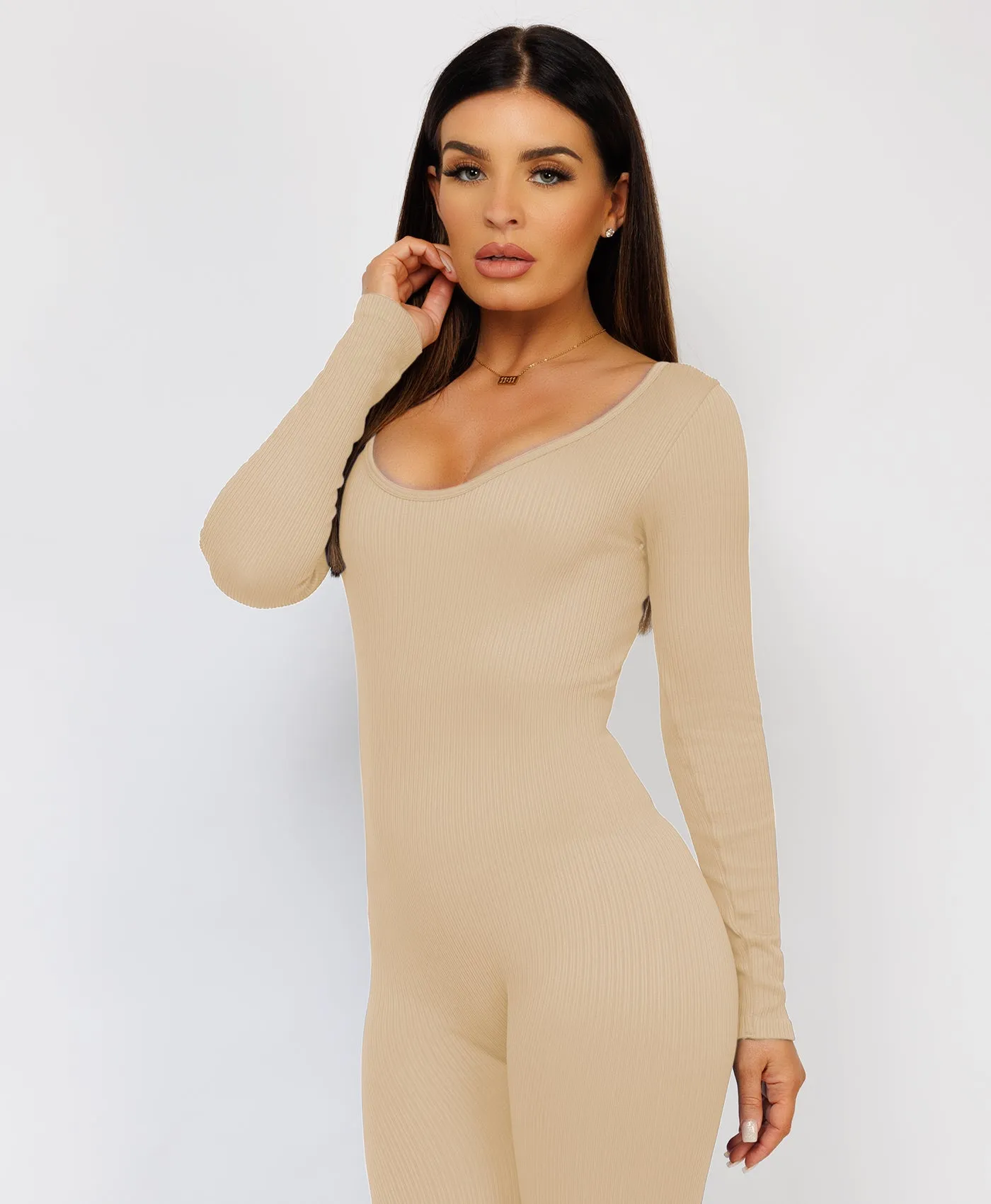 Beige Elastic Ribbed Round Neck Jumpsuit