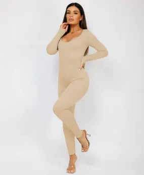 Beige Elastic Ribbed Round Neck Jumpsuit