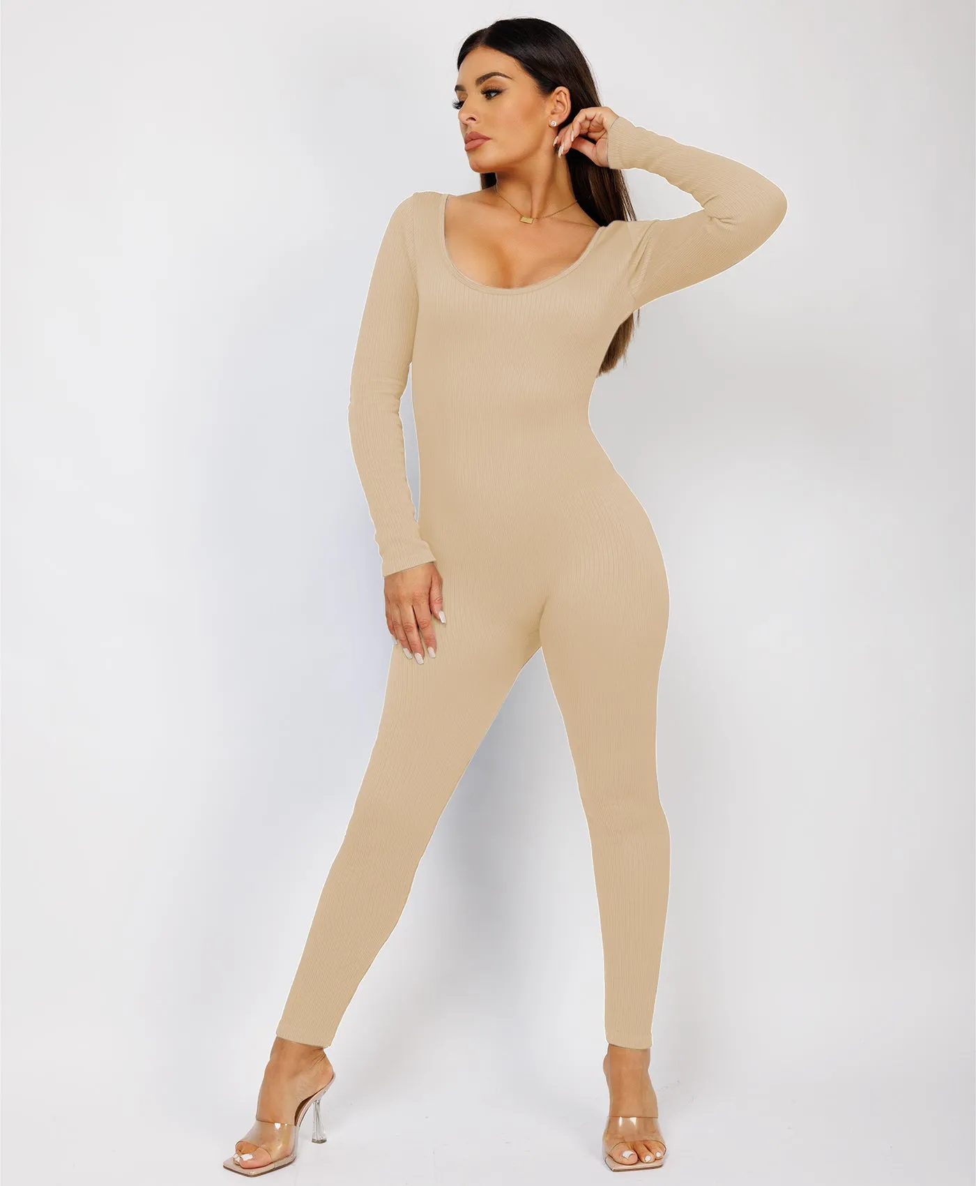 Beige Elastic Ribbed Round Neck Jumpsuit