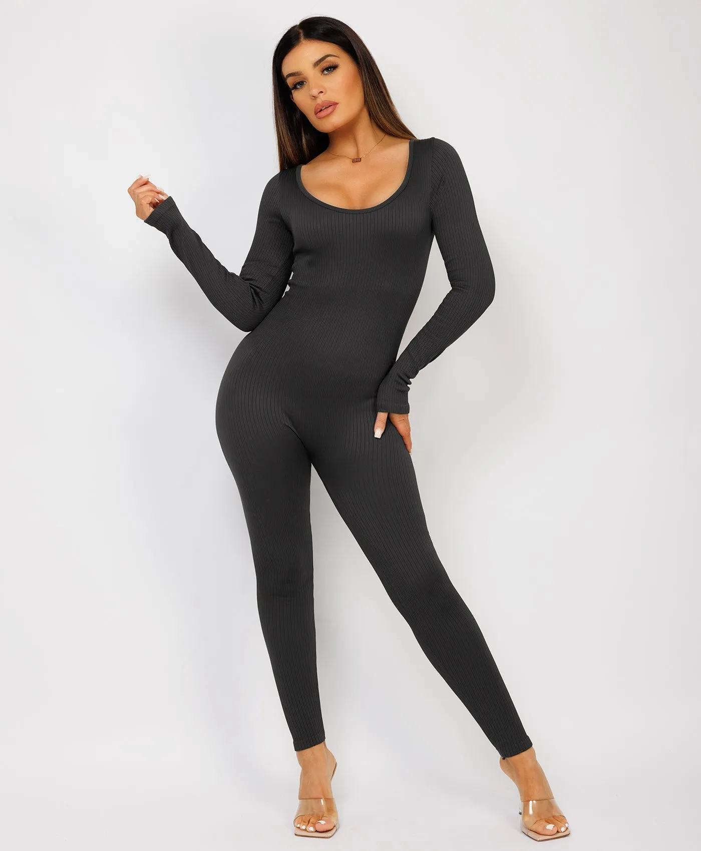 Black Elastic Ribbed Round Neck Jumpsuit