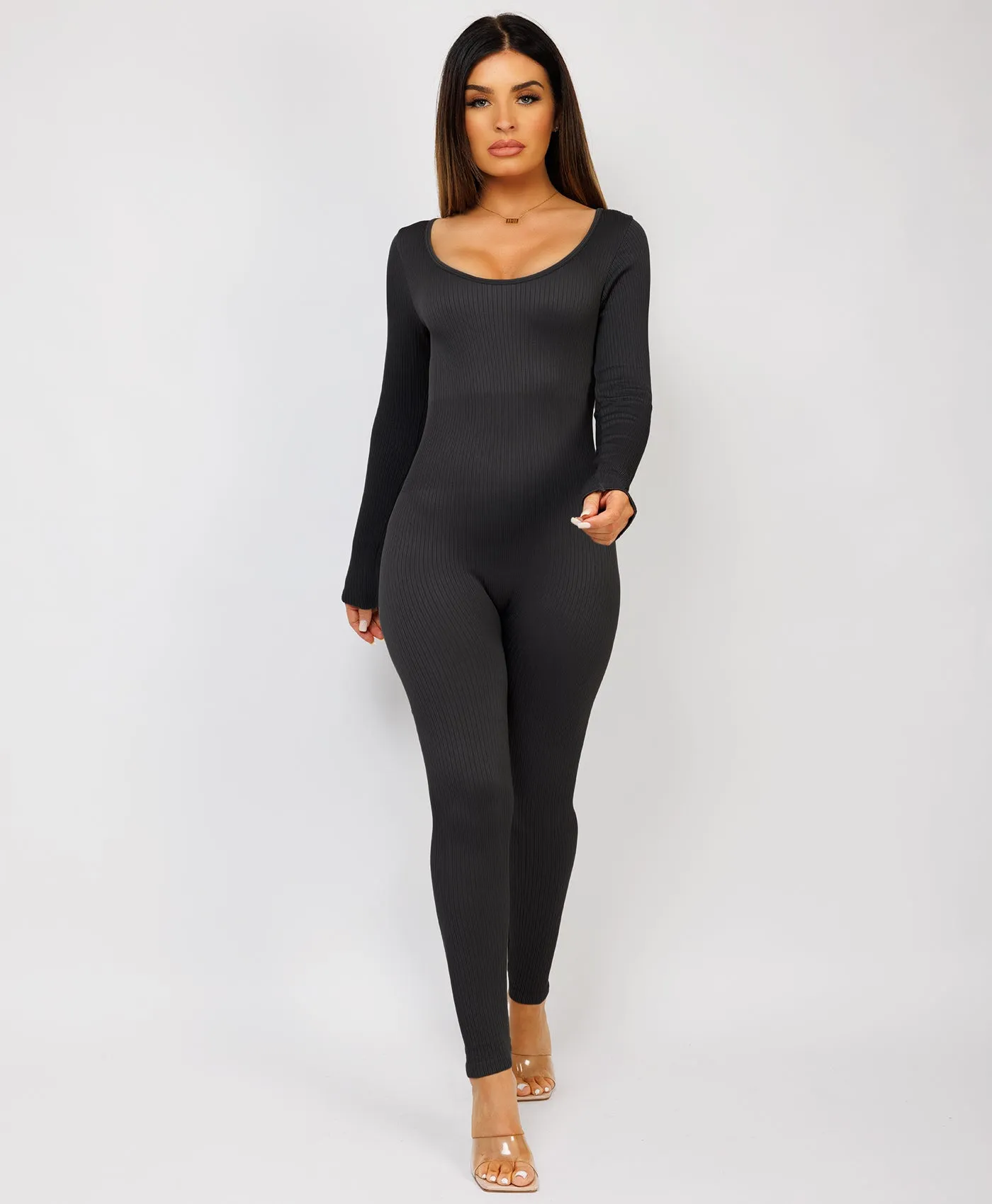 Black Elastic Ribbed Round Neck Jumpsuit