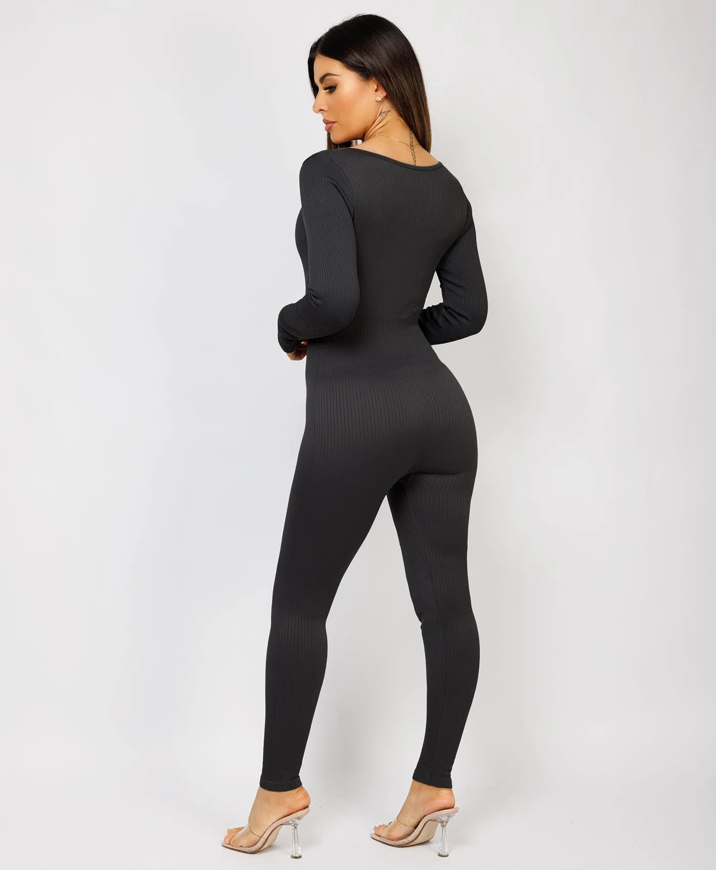 Black Elastic Ribbed Round Neck Jumpsuit