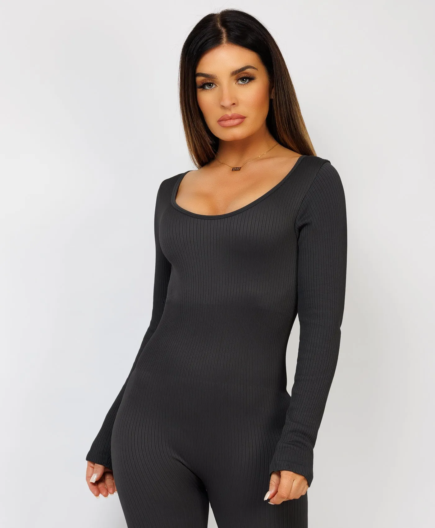 Black Elastic Ribbed Round Neck Jumpsuit