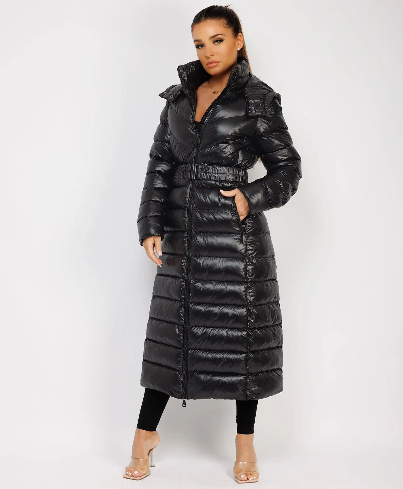 Black Long Padded Puffer Trench Coat Jacket With Hood & Belt