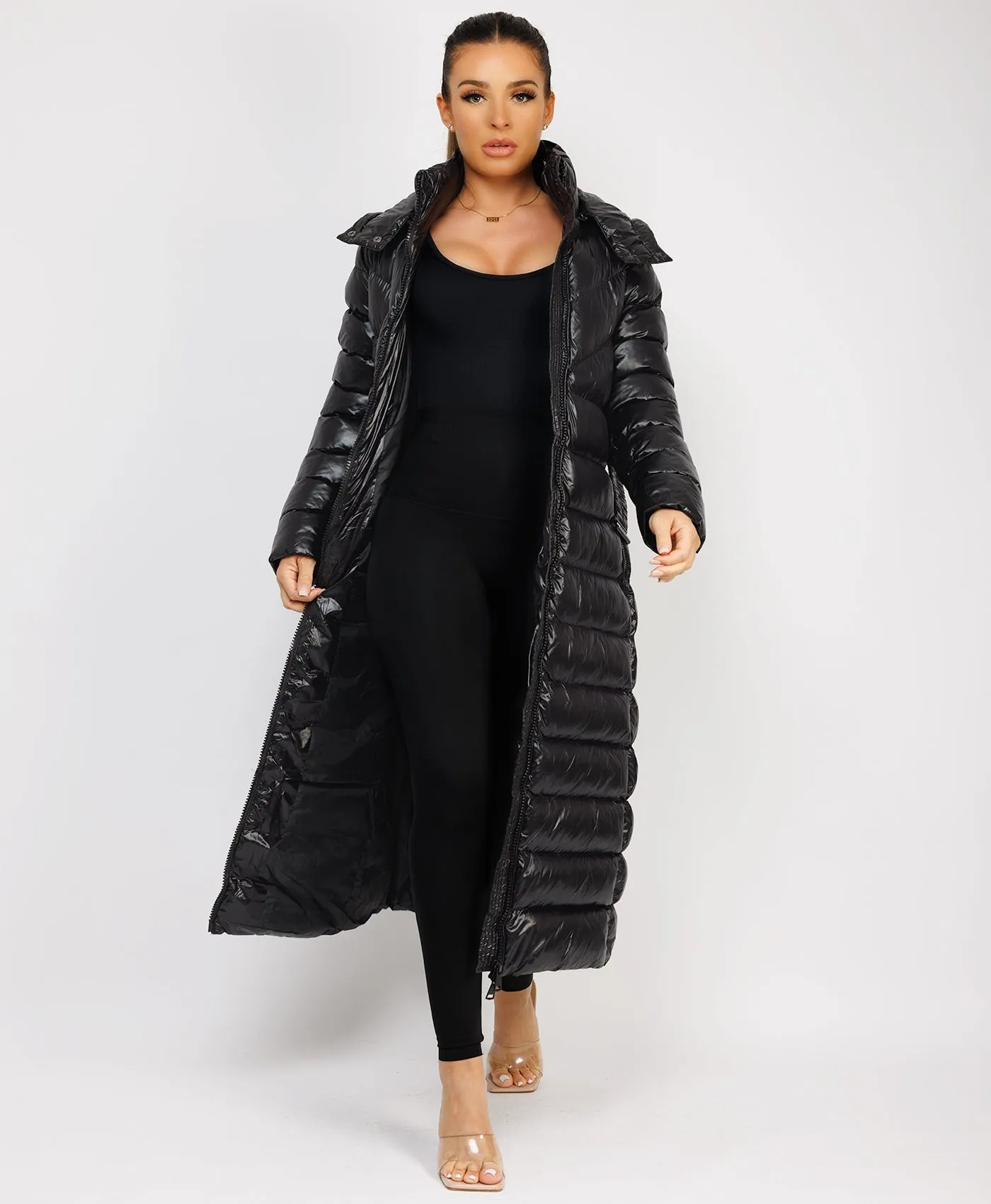 Black Long Padded Puffer Trench Coat Jacket With Hood & Belt