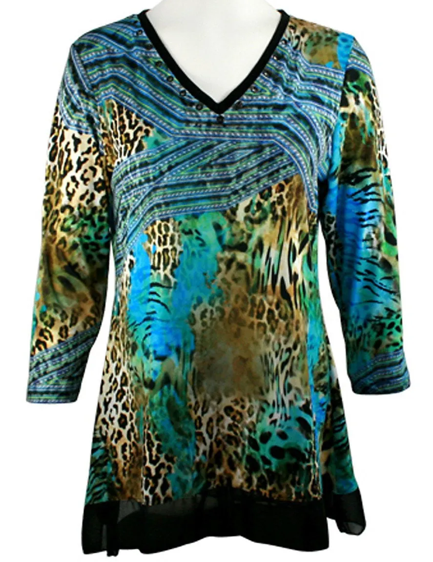 Boho Chic - Jungle Roads, 3/4 Sleeve Geometric Animal Print V-Neck Lace Hem Top