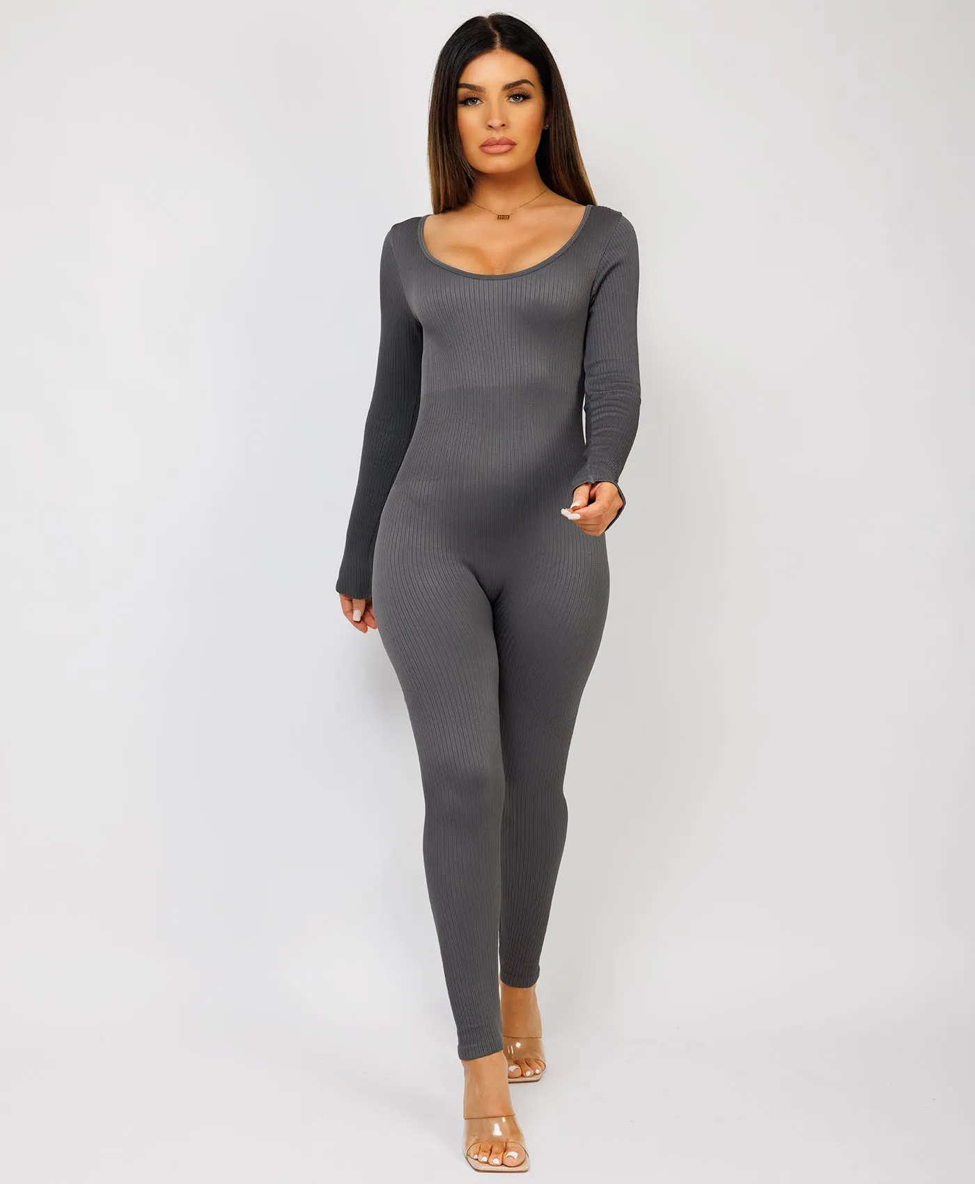 Charcoal Grey Elastic Ribbed Round Neck Jumpsuit