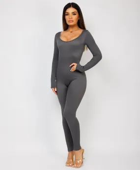 Charcoal Grey Elastic Ribbed Round Neck Jumpsuit