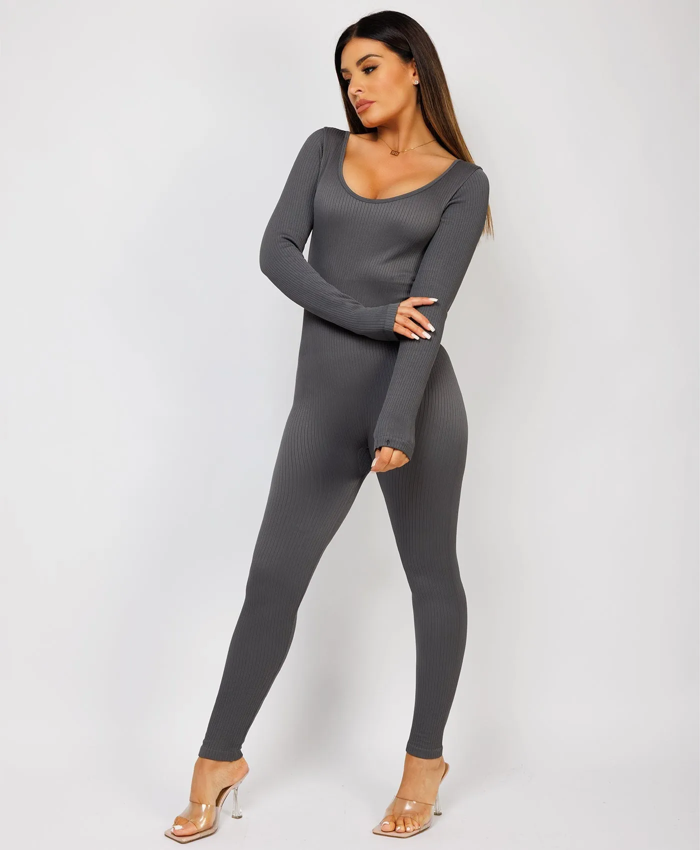 Charcoal Grey Elastic Ribbed Round Neck Jumpsuit