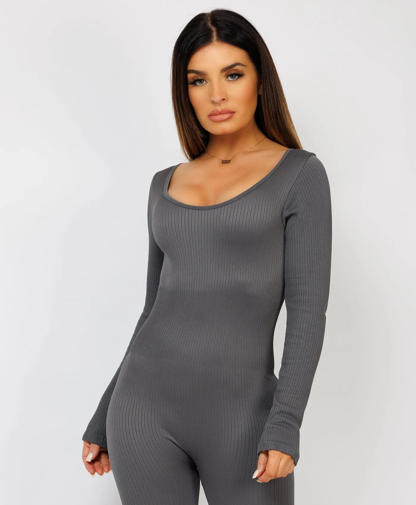 Charcoal Grey Elastic Ribbed Round Neck Jumpsuit