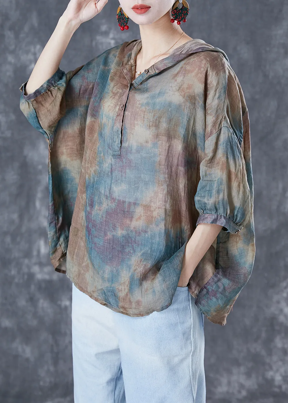 Chic Blue Oversized Tie Dye Linen Shirt Tops Bracelet Sleeve LY5069