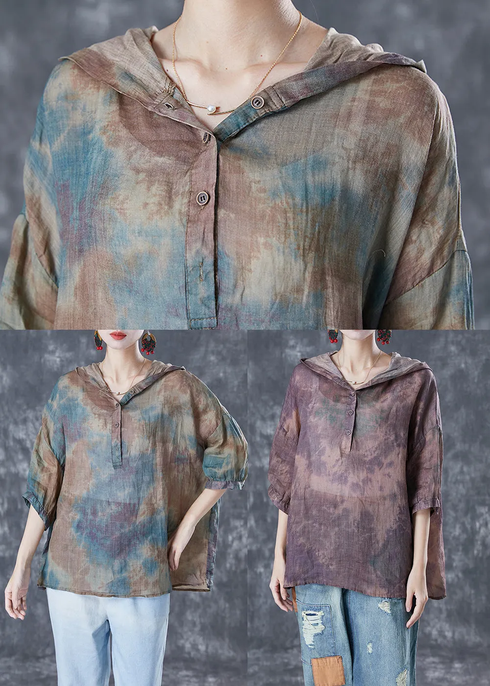 Chic Blue Oversized Tie Dye Linen Shirt Tops Bracelet Sleeve LY5069