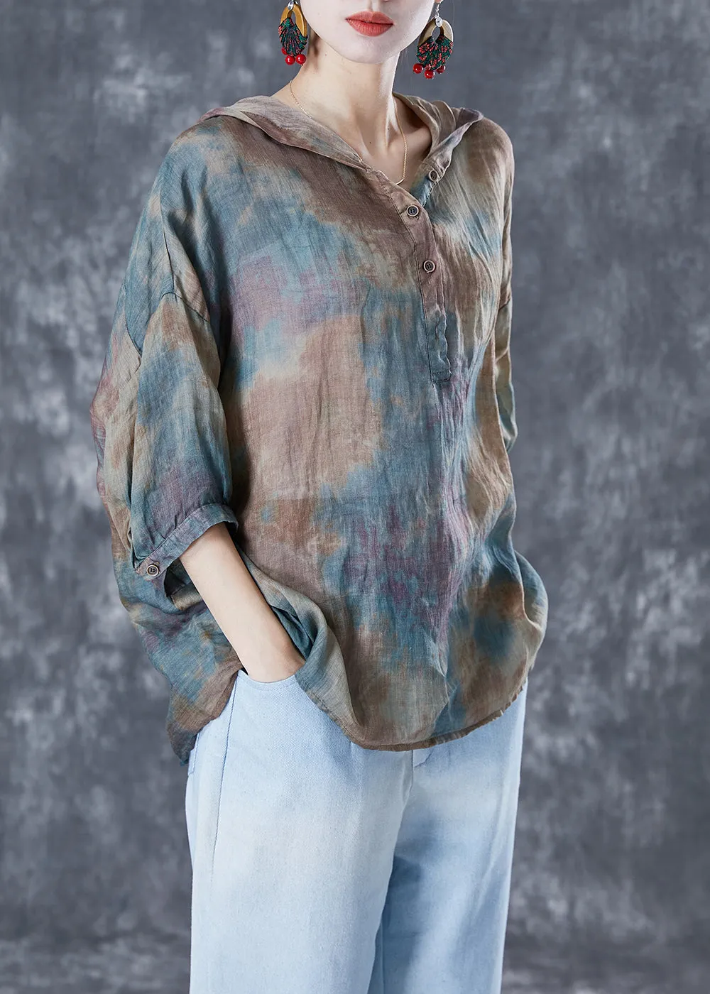 Chic Blue Oversized Tie Dye Linen Shirt Tops Bracelet Sleeve LY5069