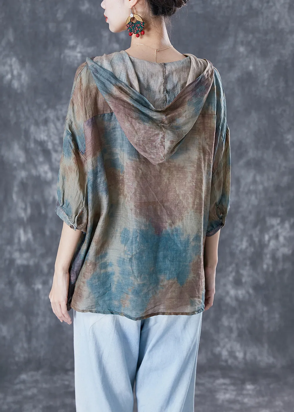 Chic Blue Oversized Tie Dye Linen Shirt Tops Bracelet Sleeve LY5069