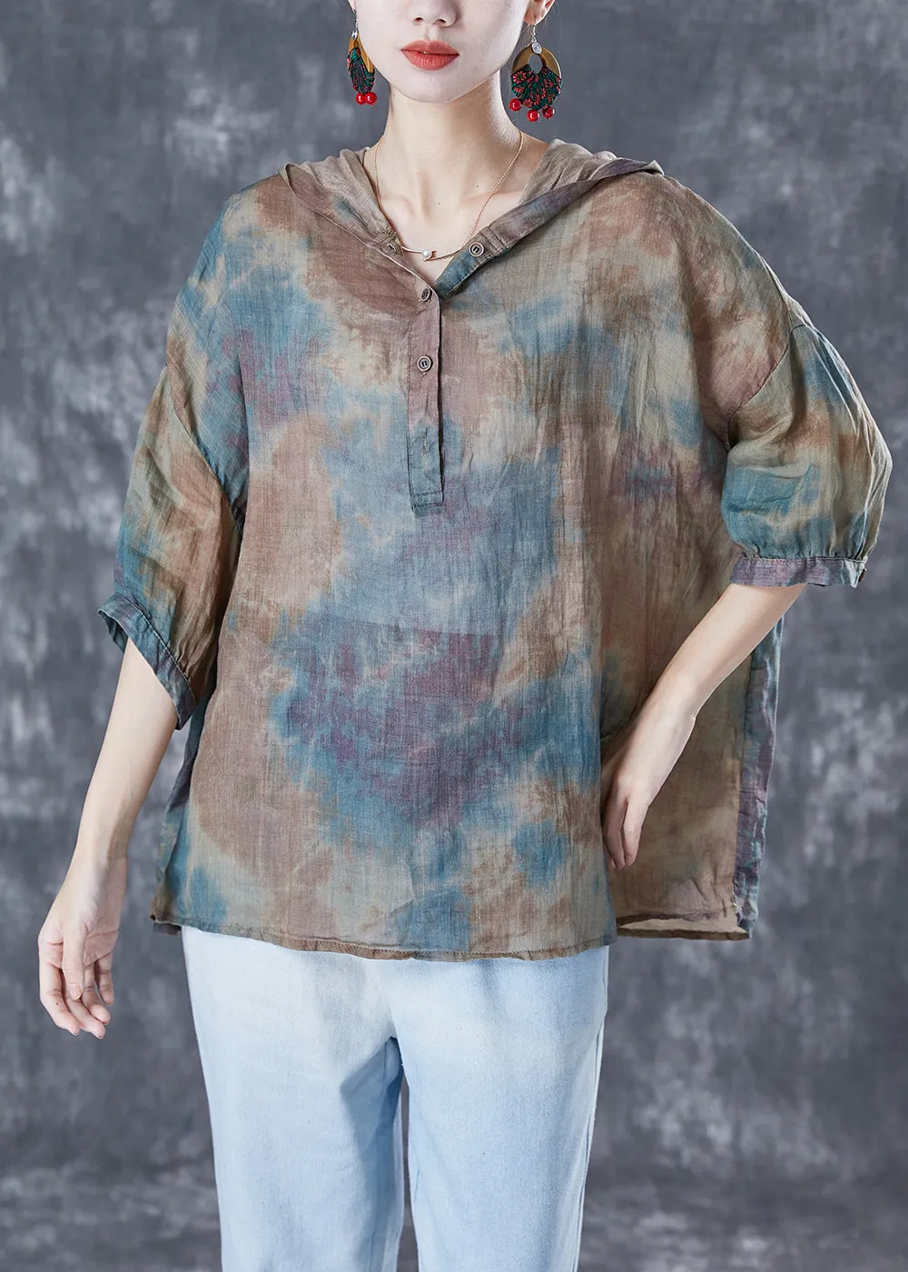 Chic Blue Oversized Tie Dye Linen Shirt Tops Bracelet Sleeve LY5069