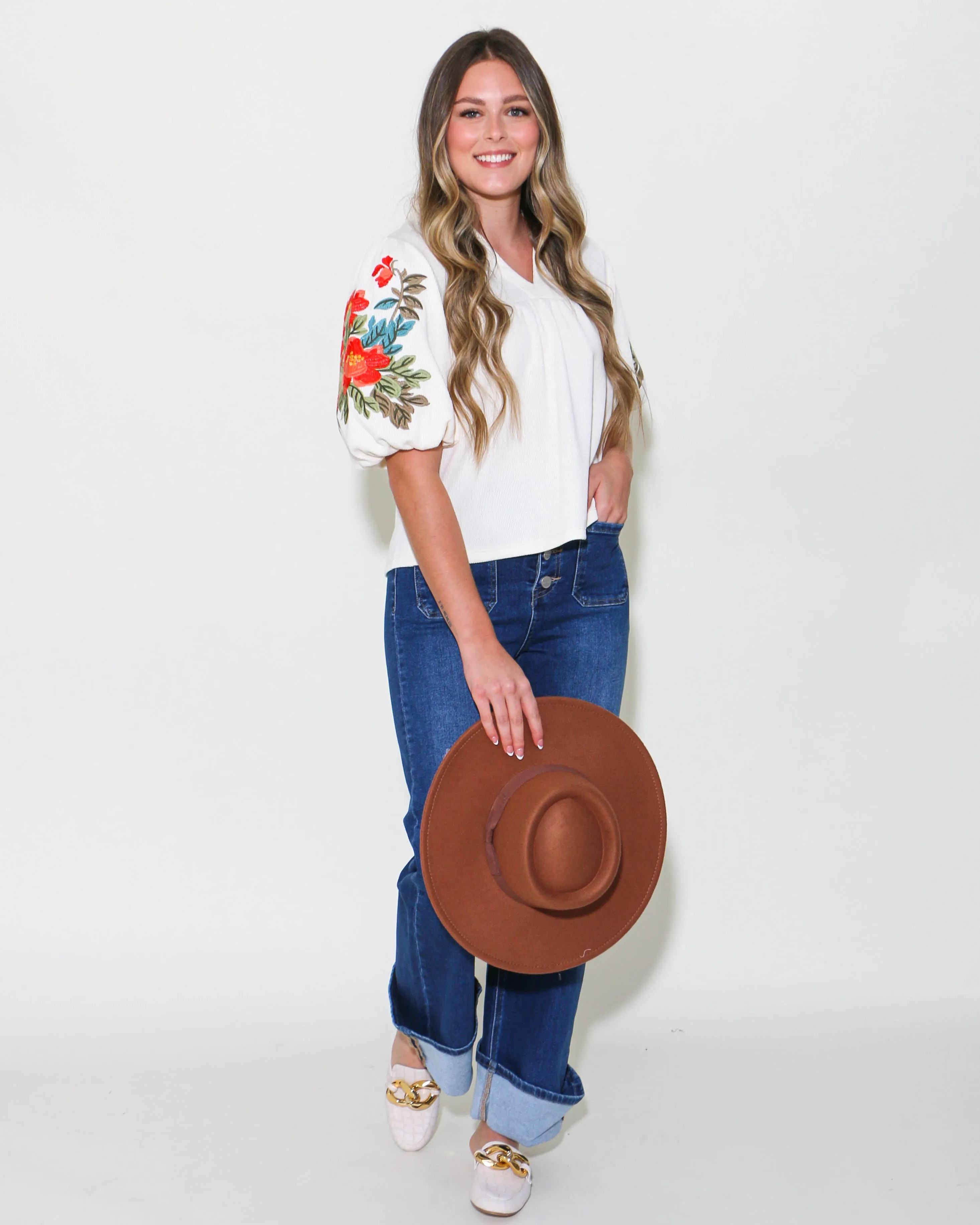 Cream Embroidered Puff Sleeve Top