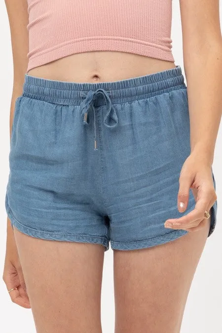 Day At The Beach Relaxed Fit Tie Waist Shorts in Denim