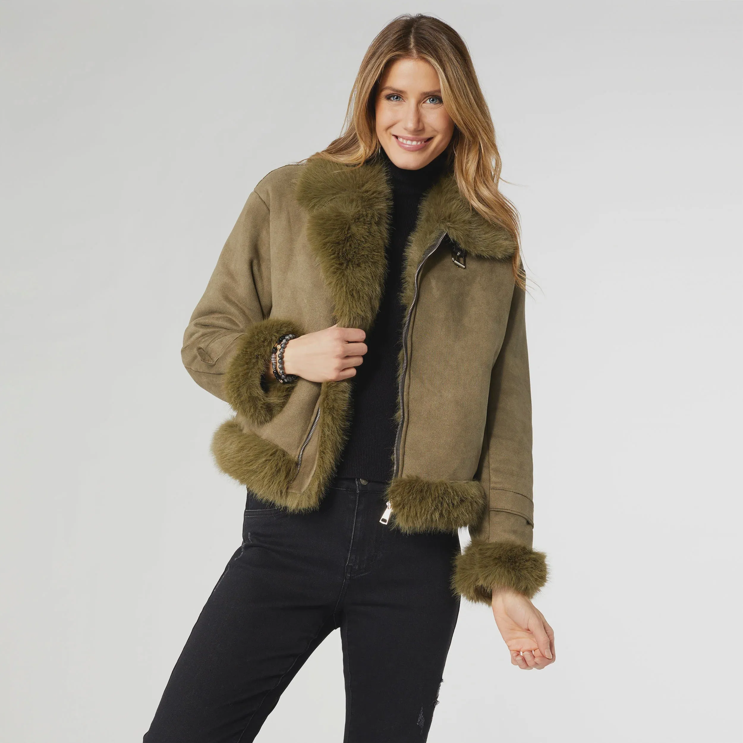 Dion Faux Fur Moto Jacket | Olive