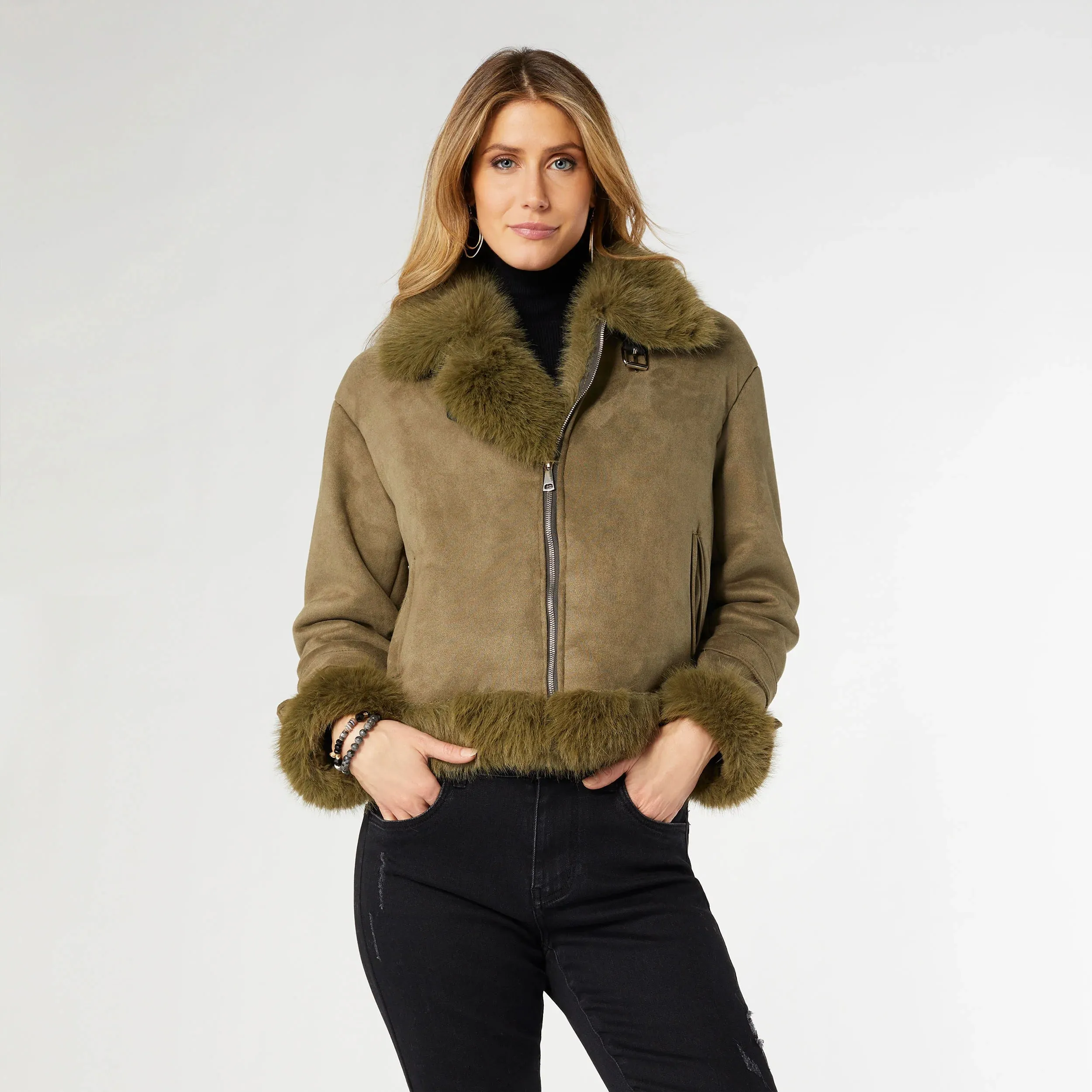 Dion Faux Fur Moto Jacket | Olive