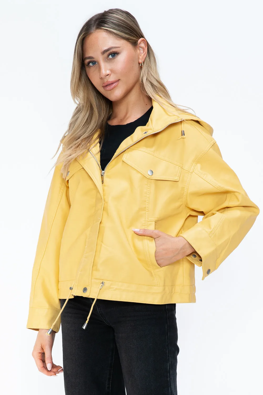 Drawstring Hem PU Leather Zip Up Jacket