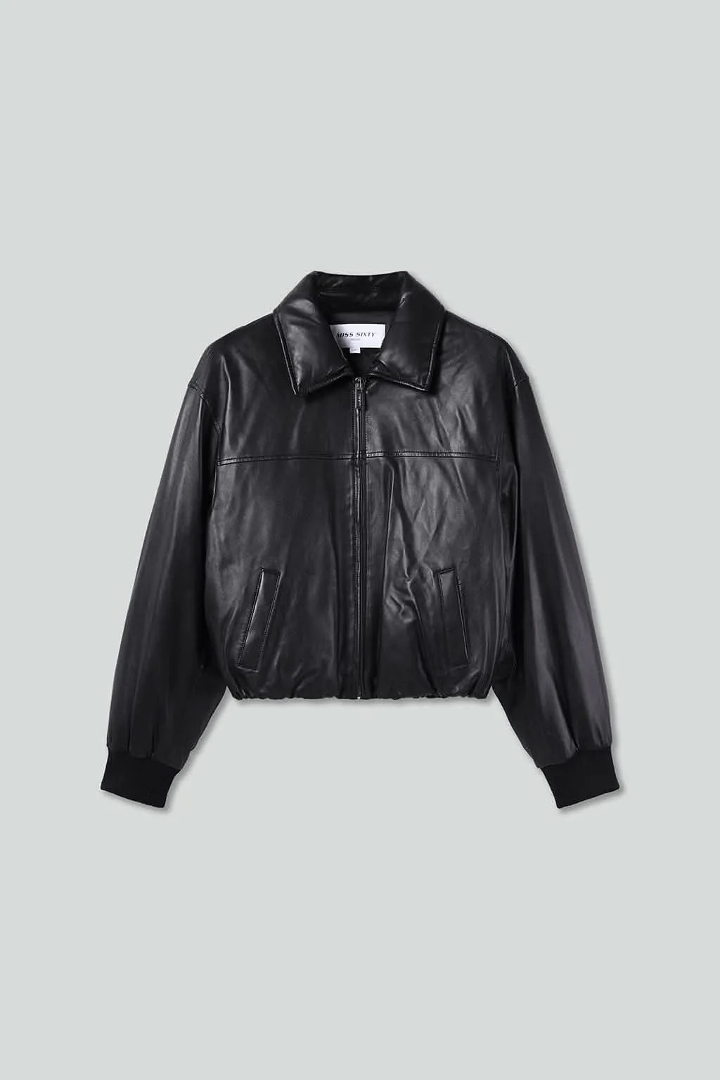 Funnel Neck Leather Bomber Jacket