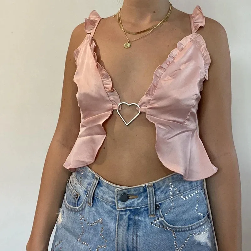 Girlary Cute Sweet Girl Heart Metal Crop Tops Pink Ruffles V Neck Camisole Y2K Fairy Vintage Backless Tank Topes Chic Women Clothes