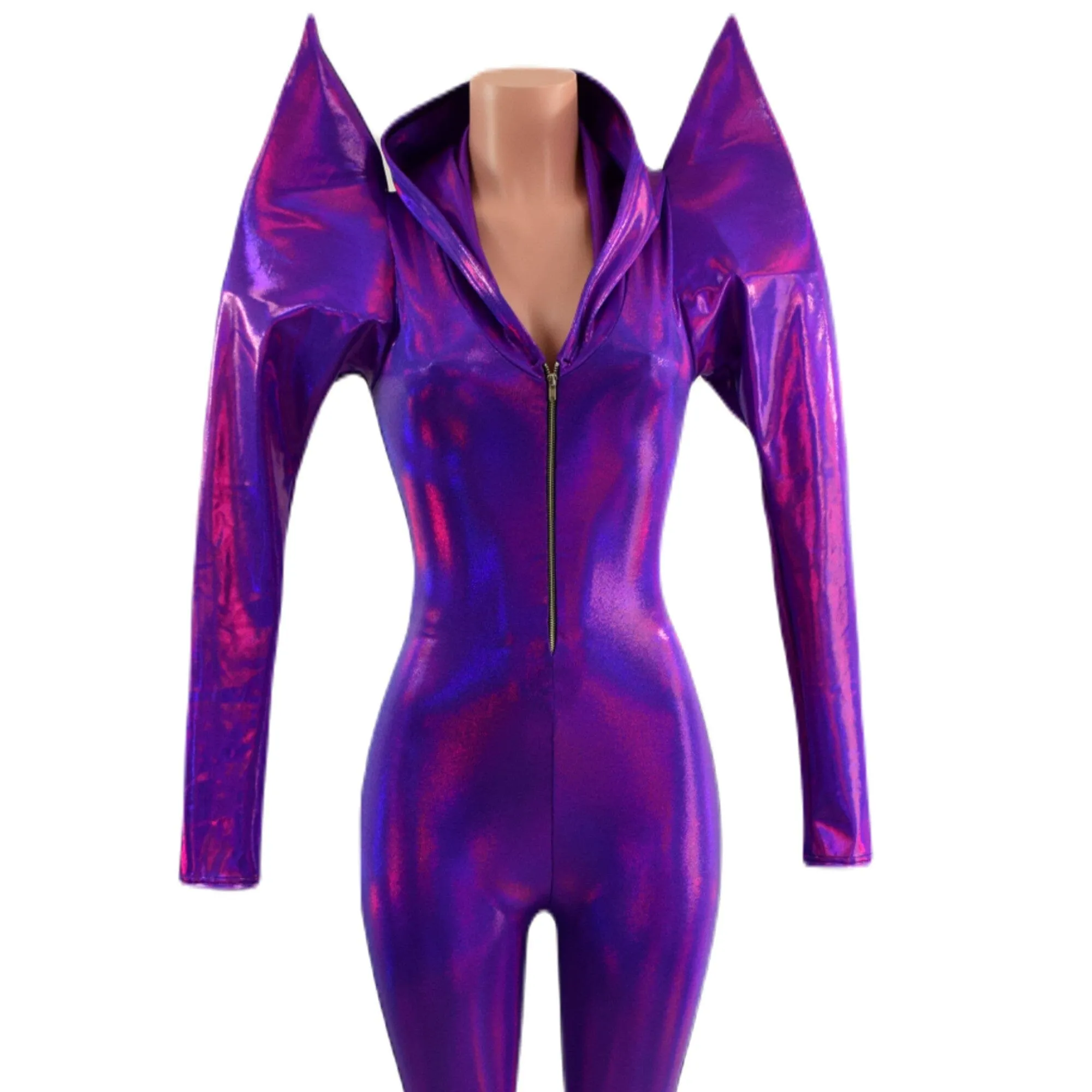 Grape Holographic Mega Sharp Shoulder Hooded Catsuit with Silver Front Zipper