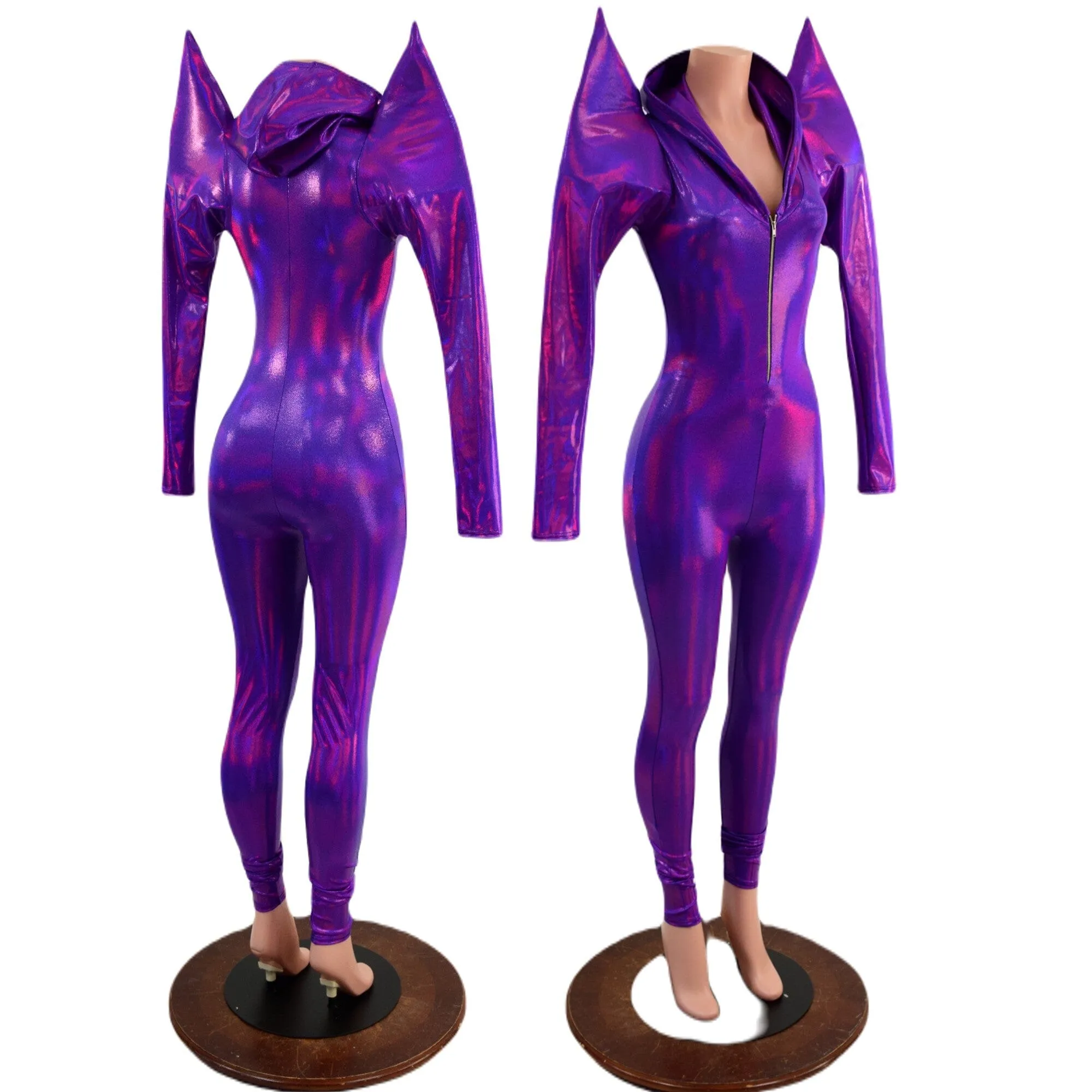 Grape Holographic Mega Sharp Shoulder Hooded Catsuit with Silver Front Zipper