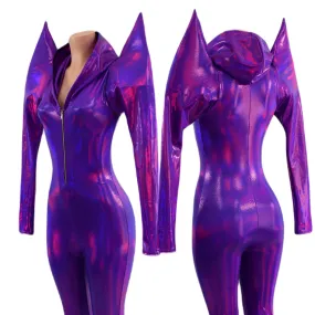 Grape Holographic Mega Sharp Shoulder Hooded Catsuit with Silver Front Zipper