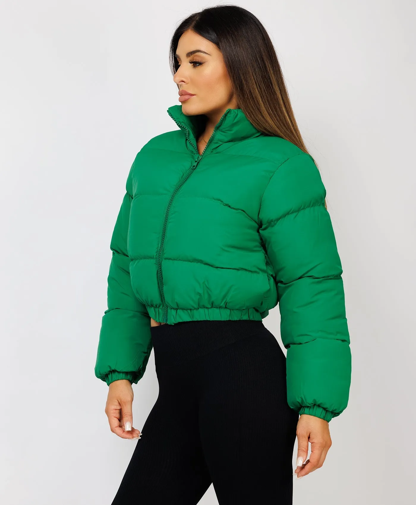 Green Solid Front Zipper Cropped Padded Puffer Jacket