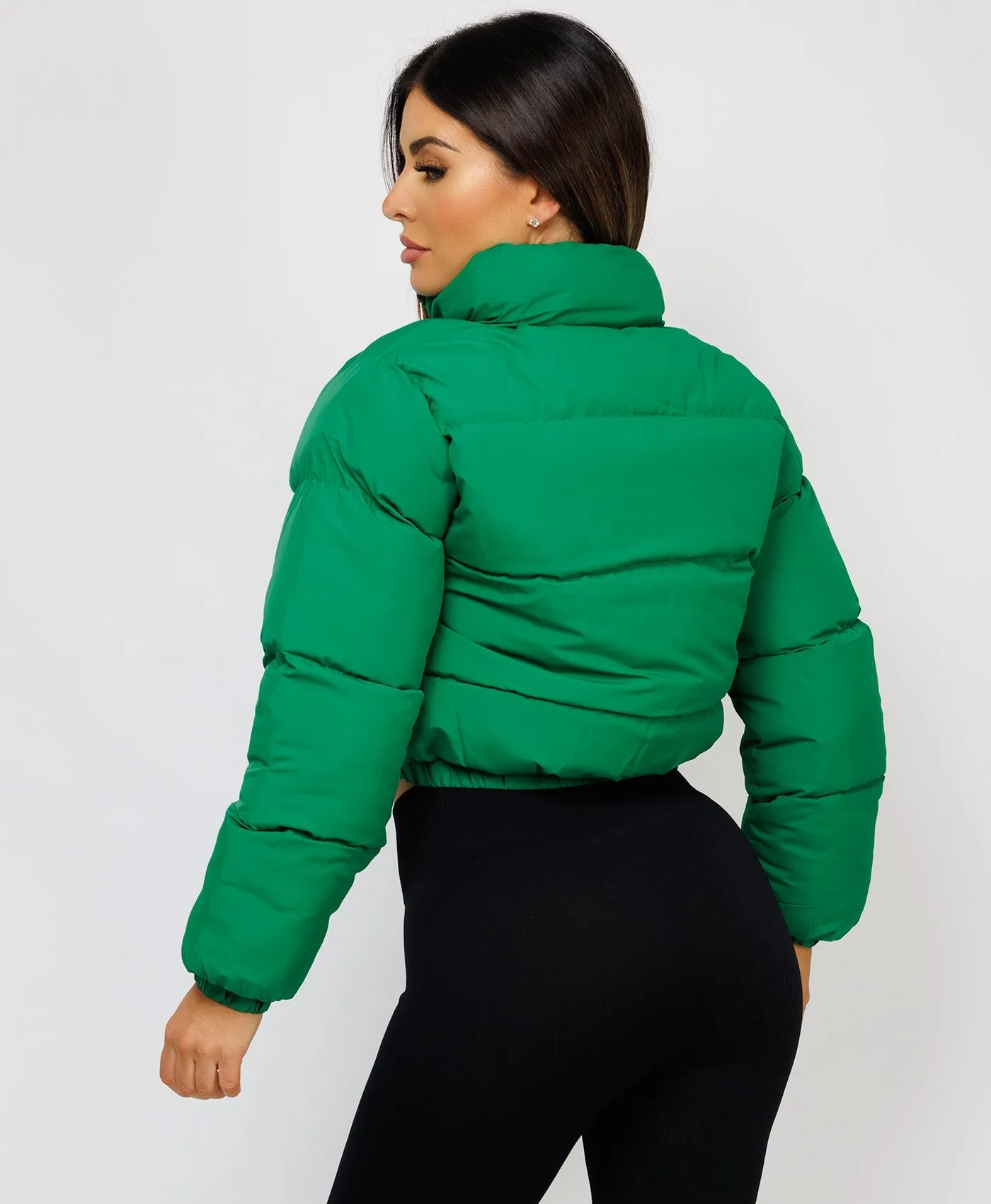 Green Solid Front Zipper Cropped Padded Puffer Jacket