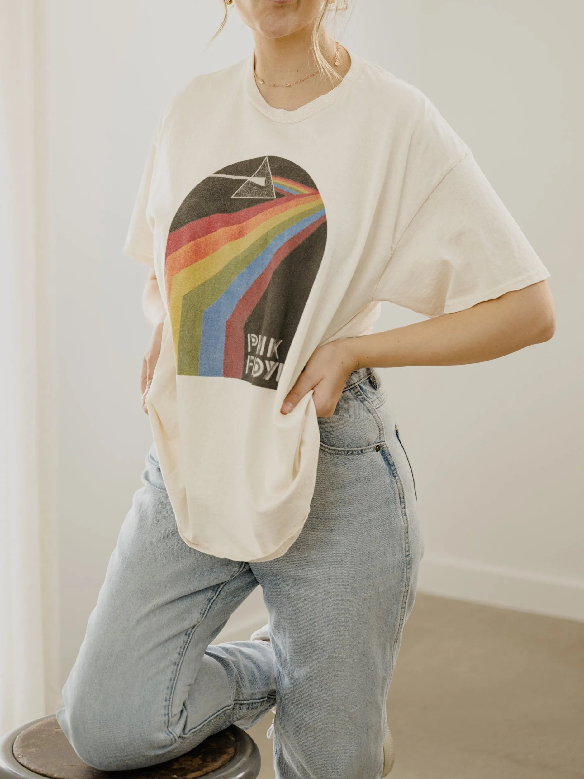 Pink Floyd Dark Side of The Moon Off White Thrifted Distressed Tee