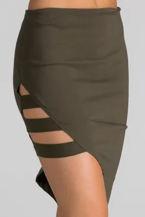 "peek show" unbalanced bodycon skirt