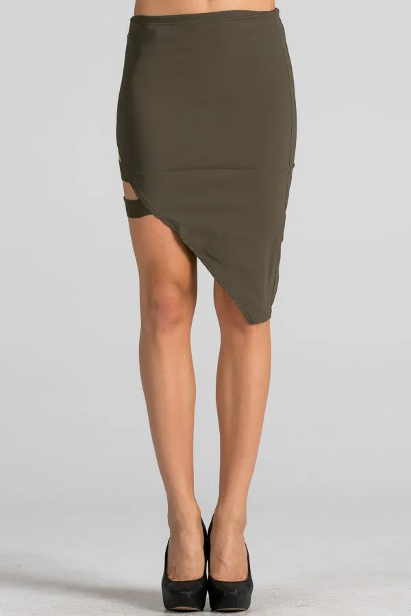 "peek show" unbalanced bodycon skirt