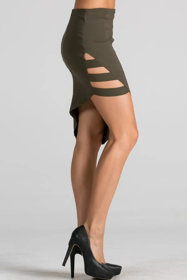 "peek show" unbalanced bodycon skirt