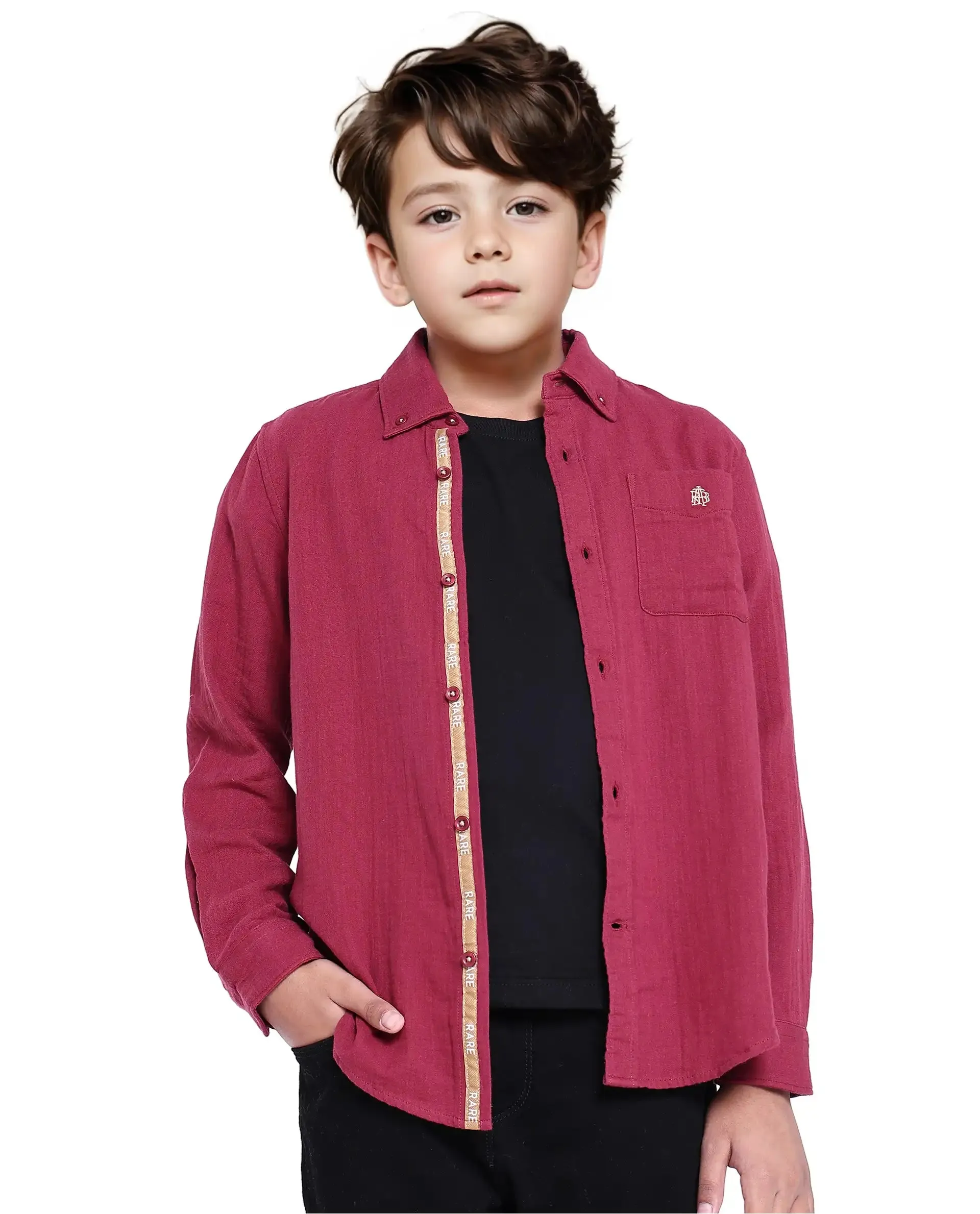 Rare Ones Kids Presto Maroon Cotton Full Sleeve Regular Fit Button Down Solid Shirt