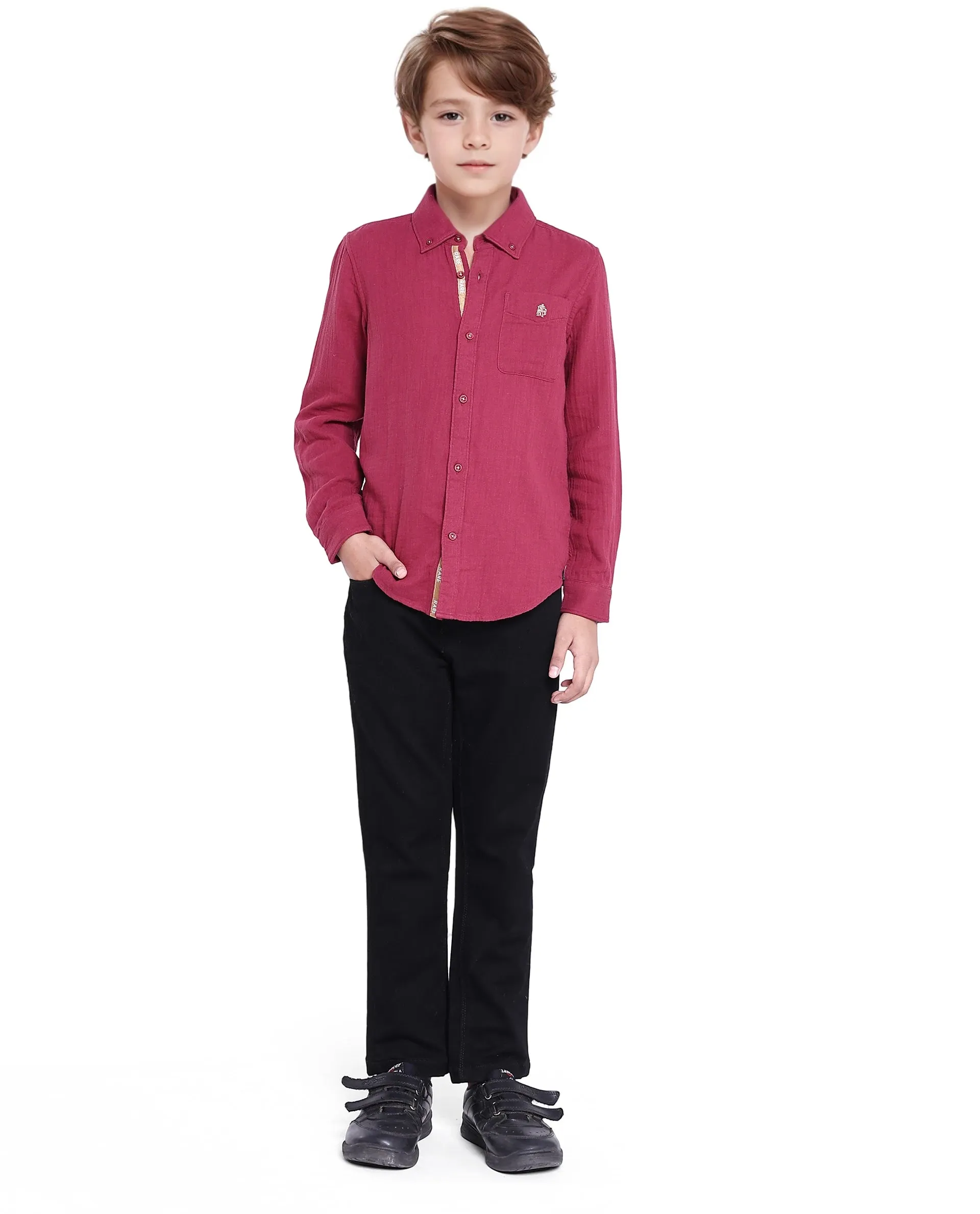 Rare Ones Kids Presto Maroon Cotton Full Sleeve Regular Fit Button Down Solid Shirt