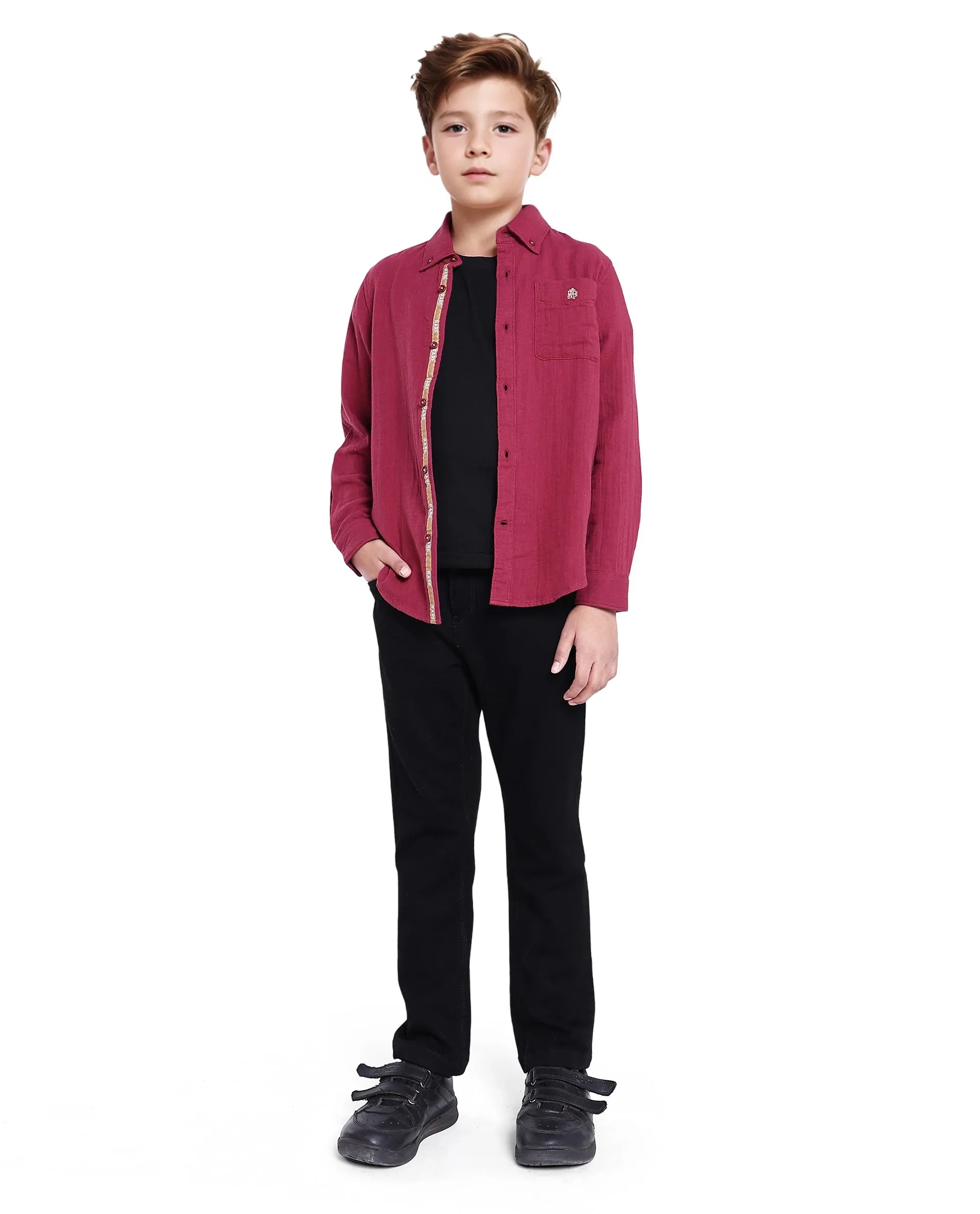 Rare Ones Kids Presto Maroon Cotton Full Sleeve Regular Fit Button Down Solid Shirt