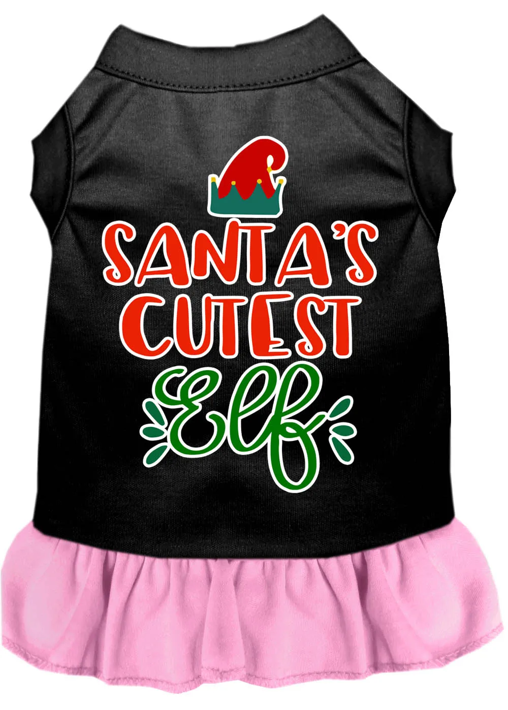 Santa's Cutest Elf Screen Print Dog Dress Black With Light Pink Lg