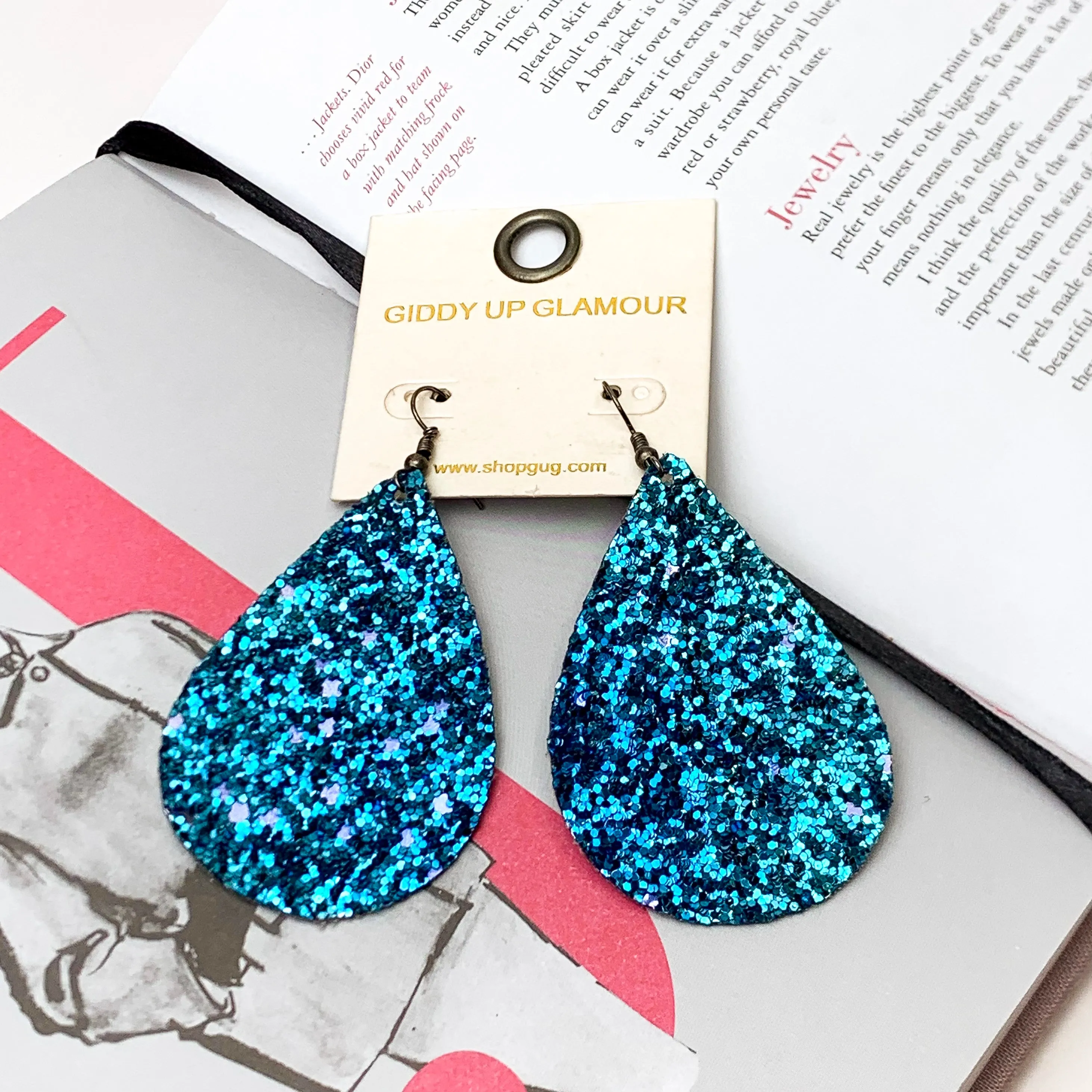 Teal Blue Glitter Teardrop Earrings