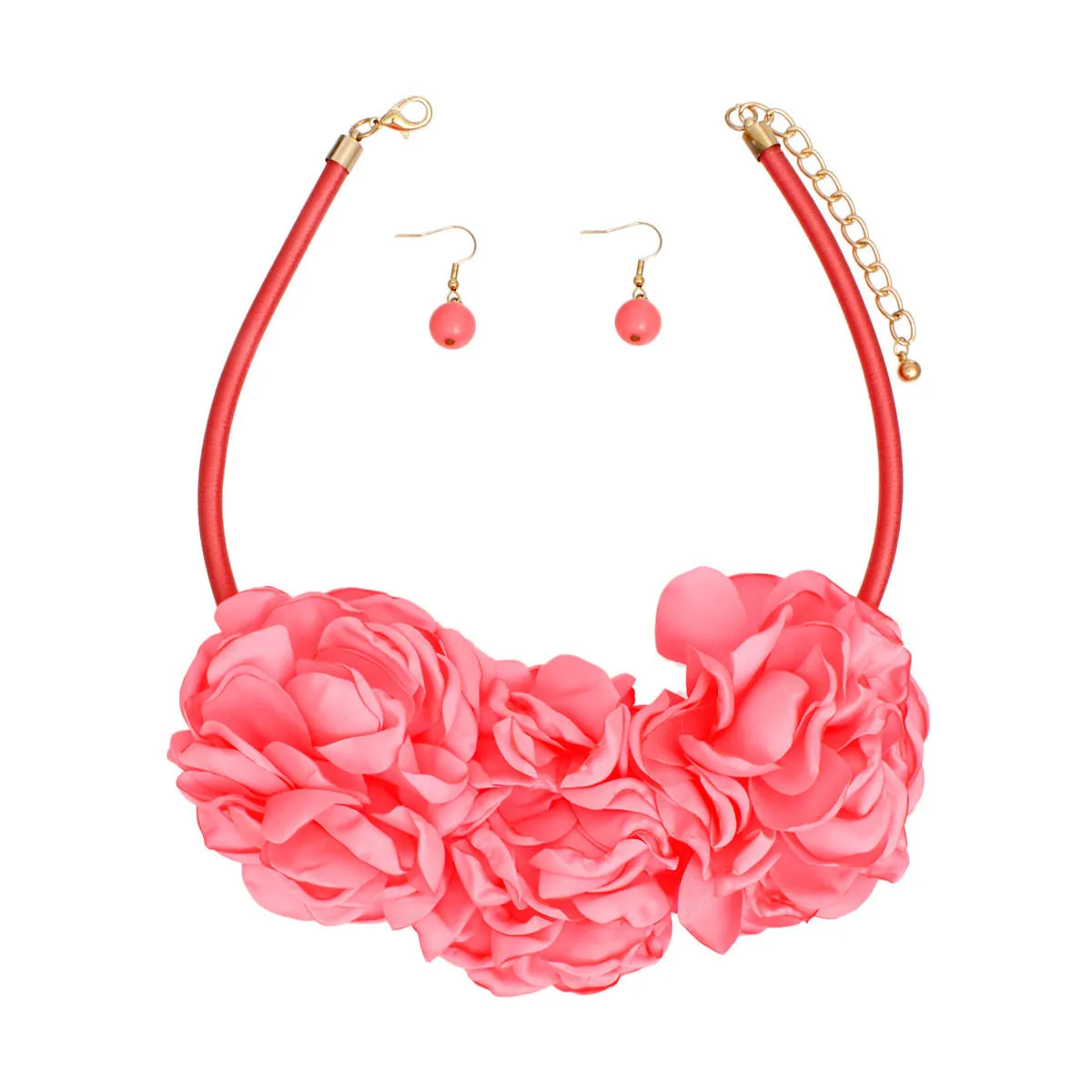 Triple Fabric Flower Bib Necklace - Pink