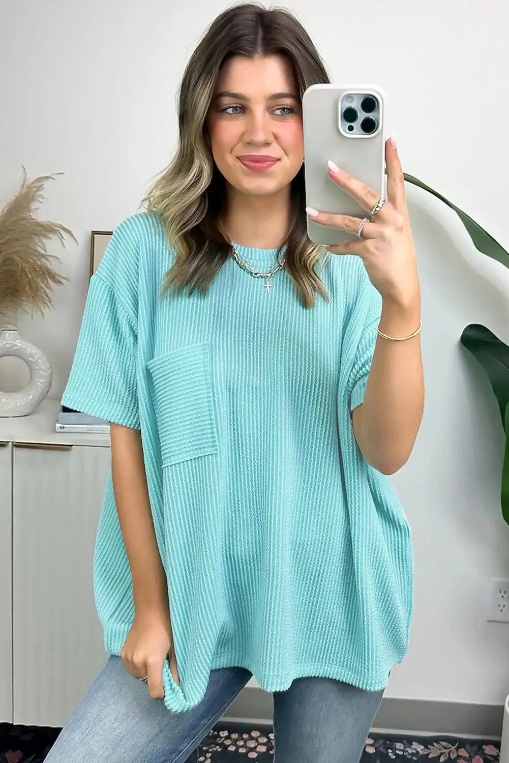 Turquoise Corded Knit Pocketed Tunic Tee