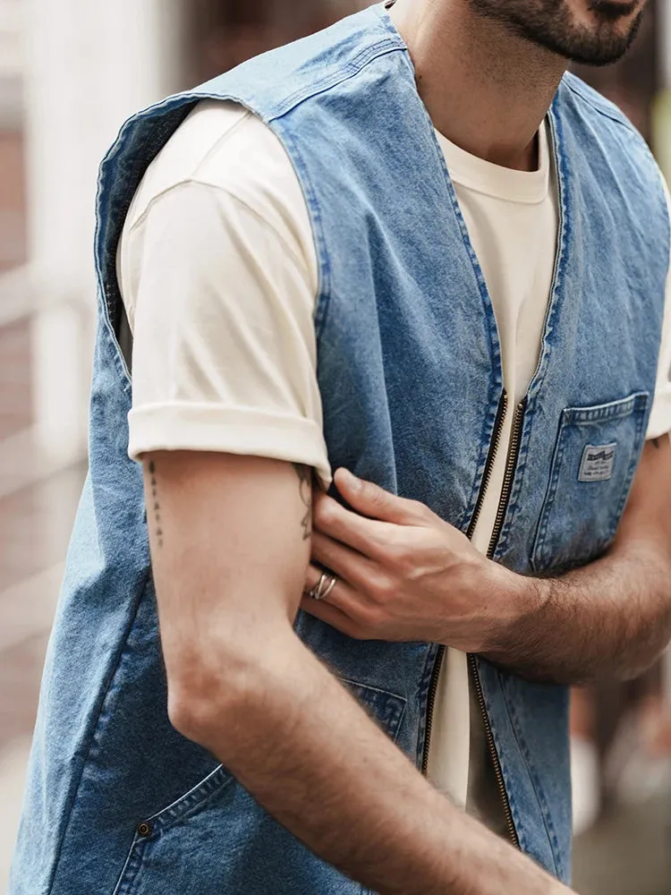 Vintage Denim Men's Sleeveless Vest Jacket Fishing Cargo Coats