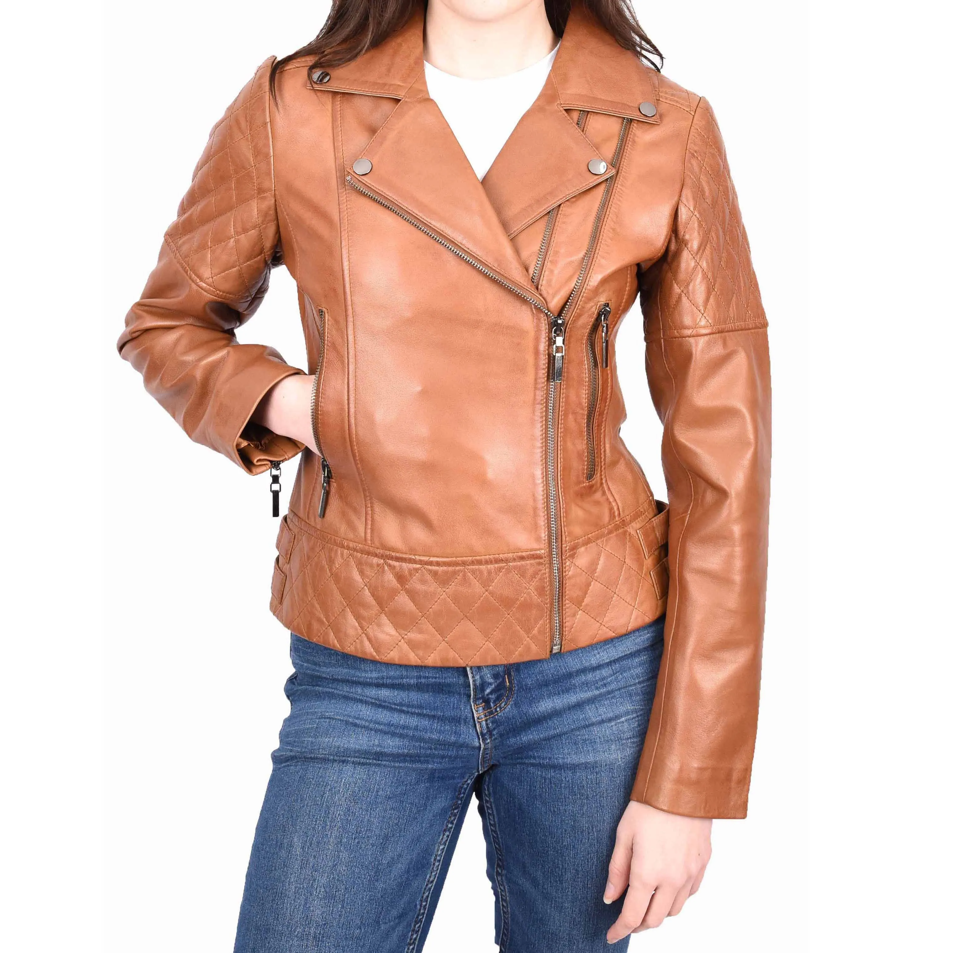 Womens Leather Biker Jackets Asymmetrical Zip Quilted Trendy Design Maeve Tan