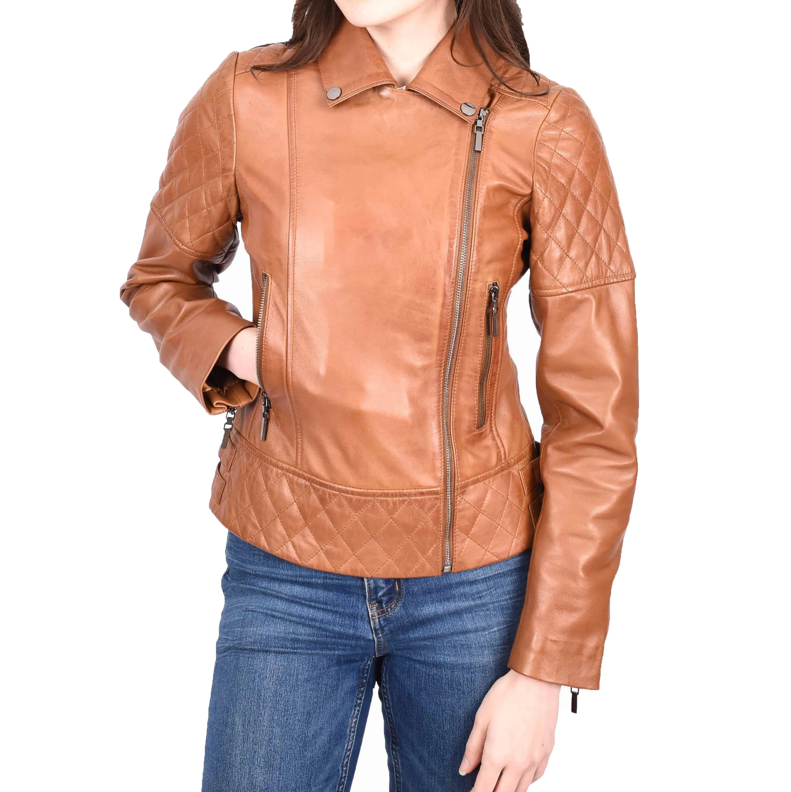 Womens Leather Biker Jackets Asymmetrical Zip Quilted Trendy Design Maeve Tan